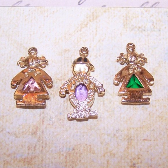 Trio of Sterling Silver Vermeil Enamel Rhinestone Children Charms or Pendants - Picture 4 of 4